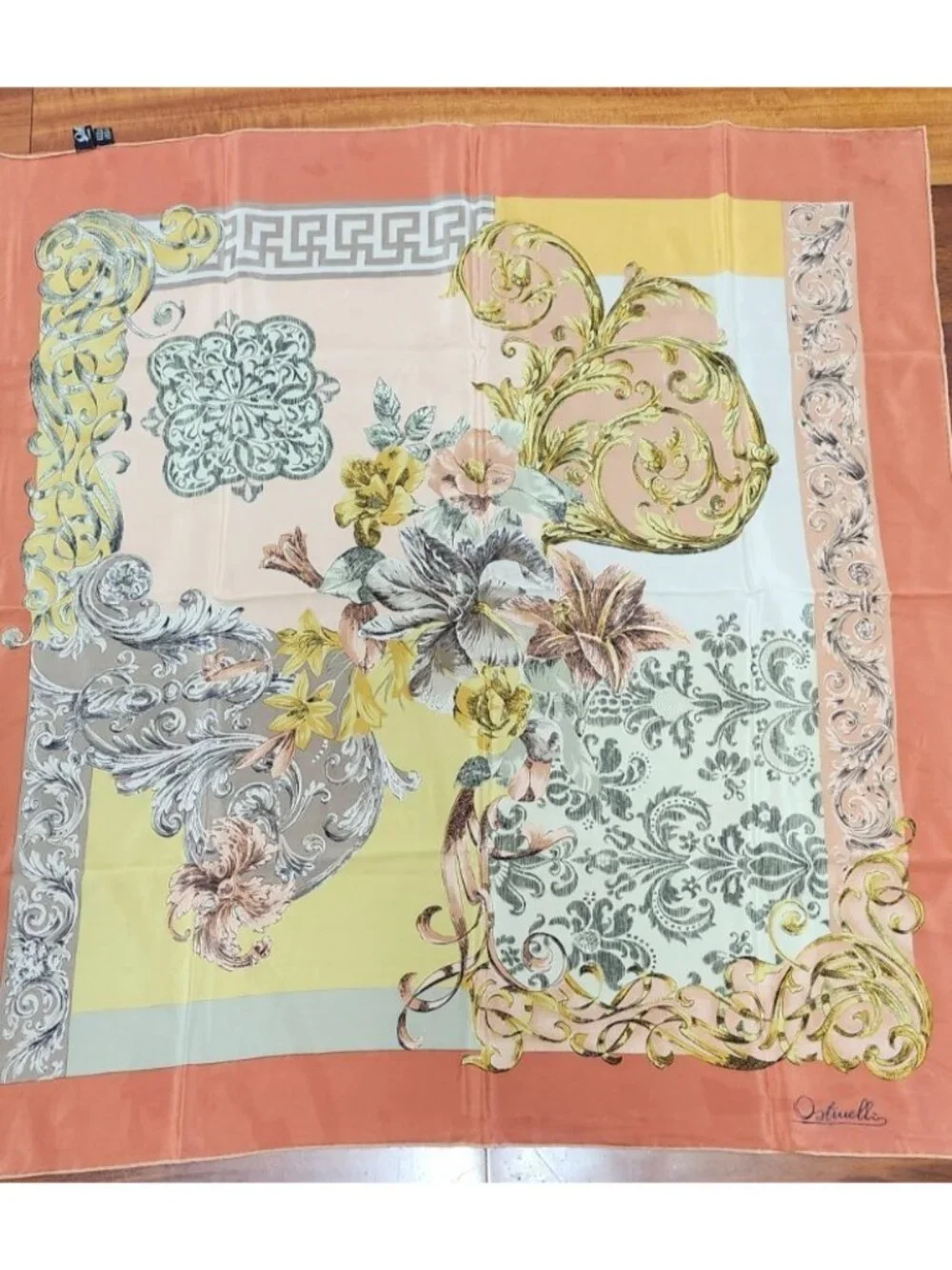 Ostinelli 100% Silk Scarf Floral Baroque Coral 33in x 33 in Made in Como